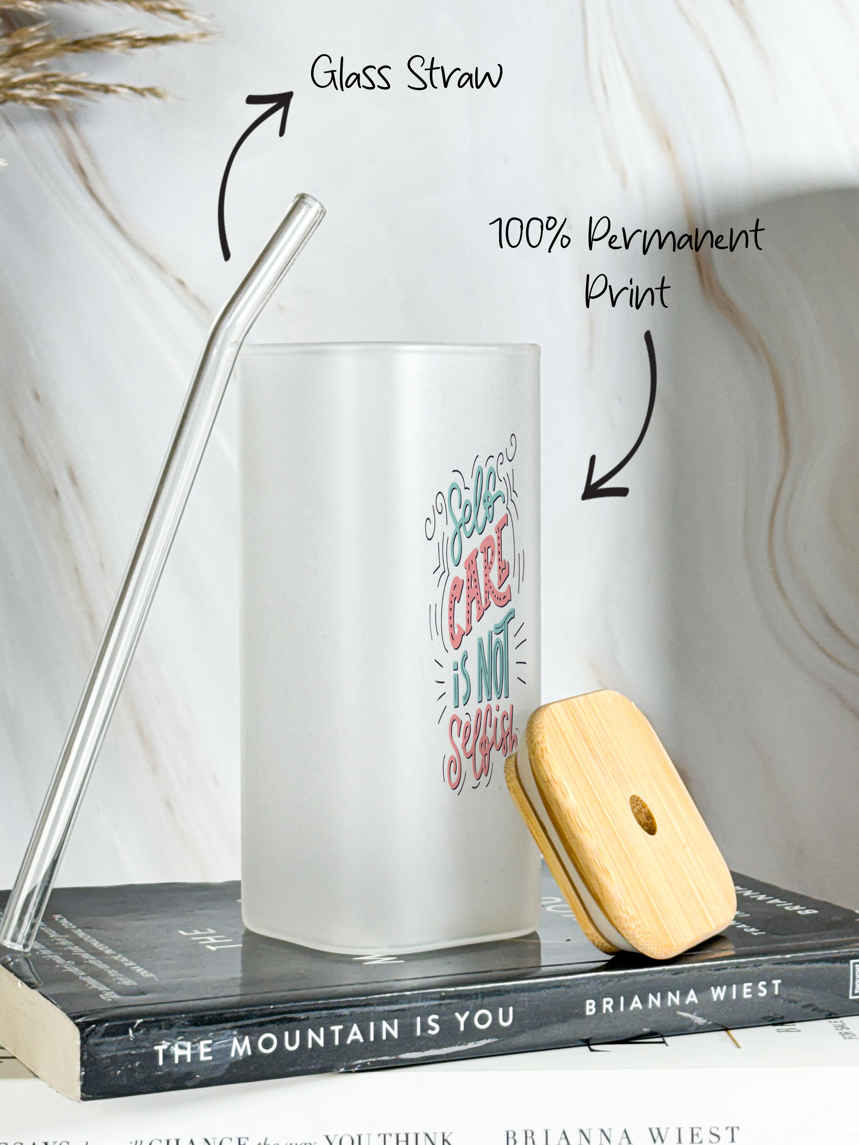 Squaro Sipper 450ml| Self Care Design| Permanent Prints| Coffee Glass Tumbler with straw and lid