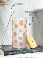 Squaro Sipper 450ml| Brown Flower Design| Permanent Prints| Coffee Glass Tumbler with straw and lid