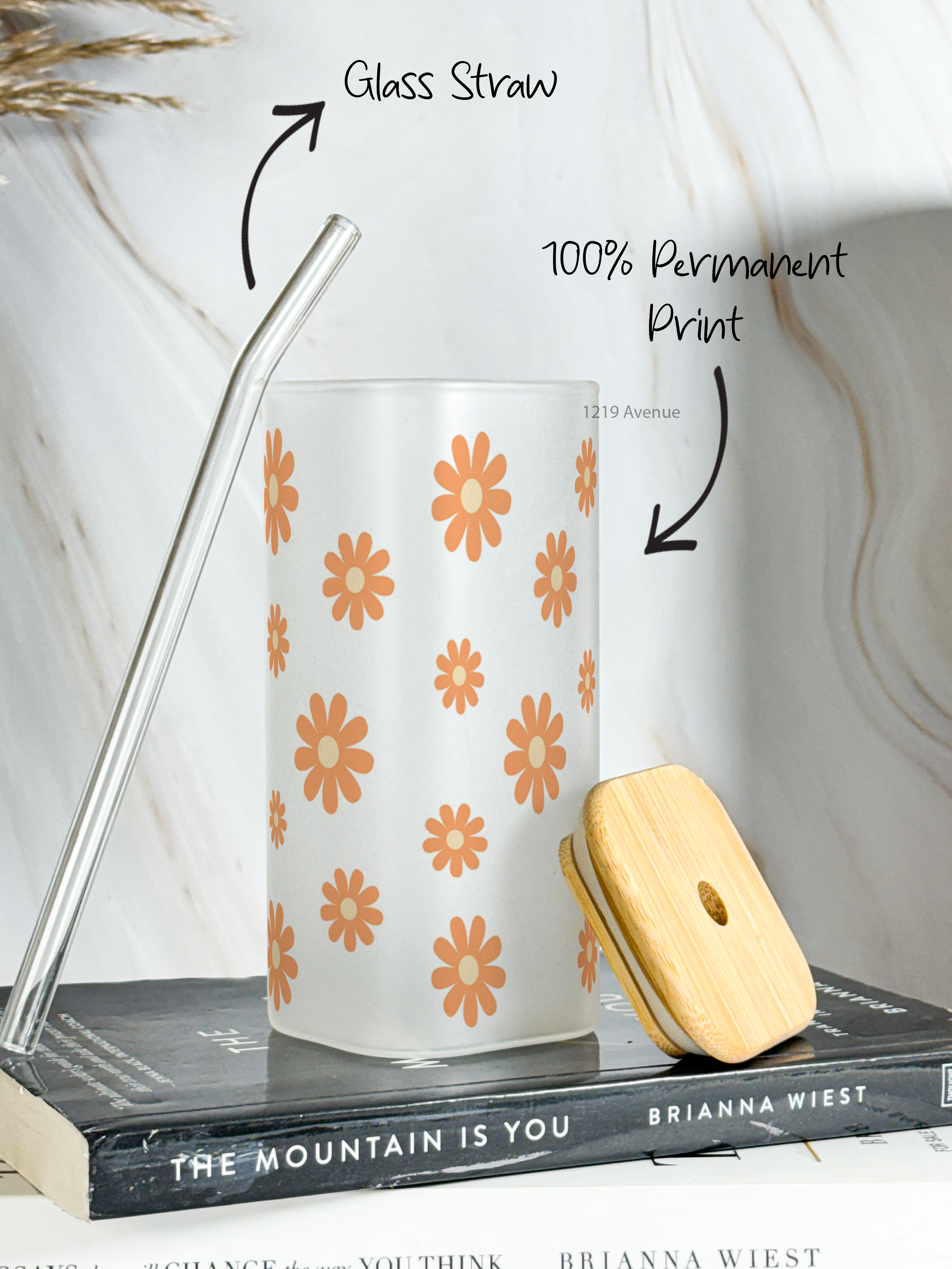 Squaro Sipper 450ml| Brown Flower Design| Permanent Prints| Coffee Glass Tumbler with straw and lid