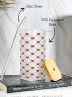 Squaro Sipper 450ml| Benji Hearts Design| Permanent Prints| Coffee Glass Tumbler with straw and lid