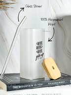 Squaro Sipper 450ml| Never Give Up Design| Permanent Prints| Coffee Glass Tumbler with straw and lid