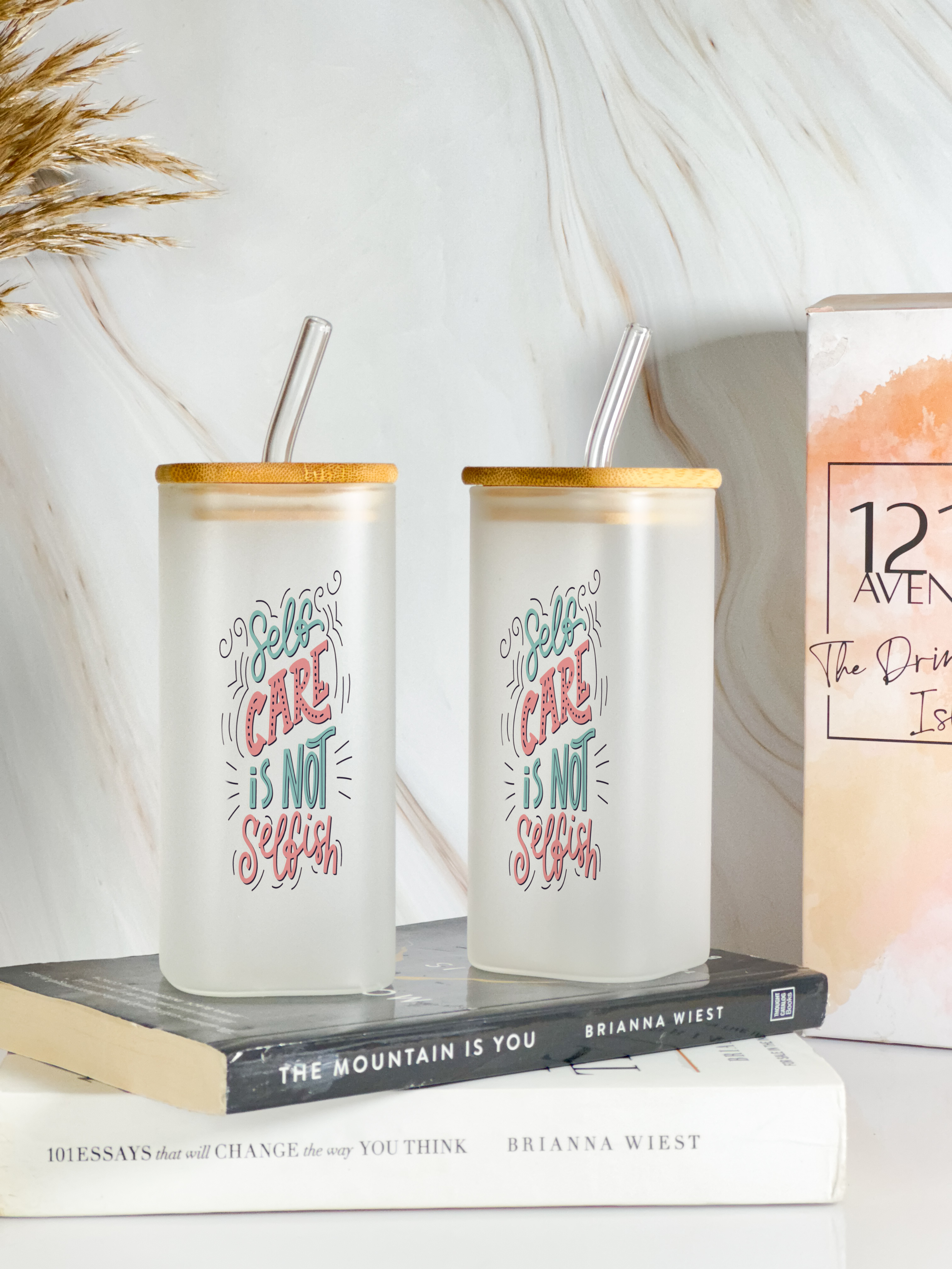 Squaro Sipper 450ml| Self Care Design| Permanent Prints| Coffee Glass Tumbler with straw and lid