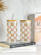 Squaro Sipper 450ml| Sage Daisy Dreamer Design| Permanent Prints| Coffee Glass Tumbler with straw and lid