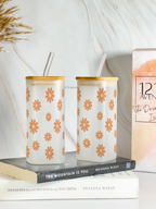 Squaro Sipper 450ml| Brown Flower Design| Permanent Prints| Coffee Glass Tumbler with straw and lid