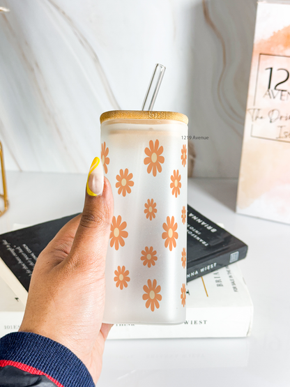 Squaro Sipper 450ml| Brown Flower Design| Permanent Prints| Coffee Glass Tumbler with straw and lid