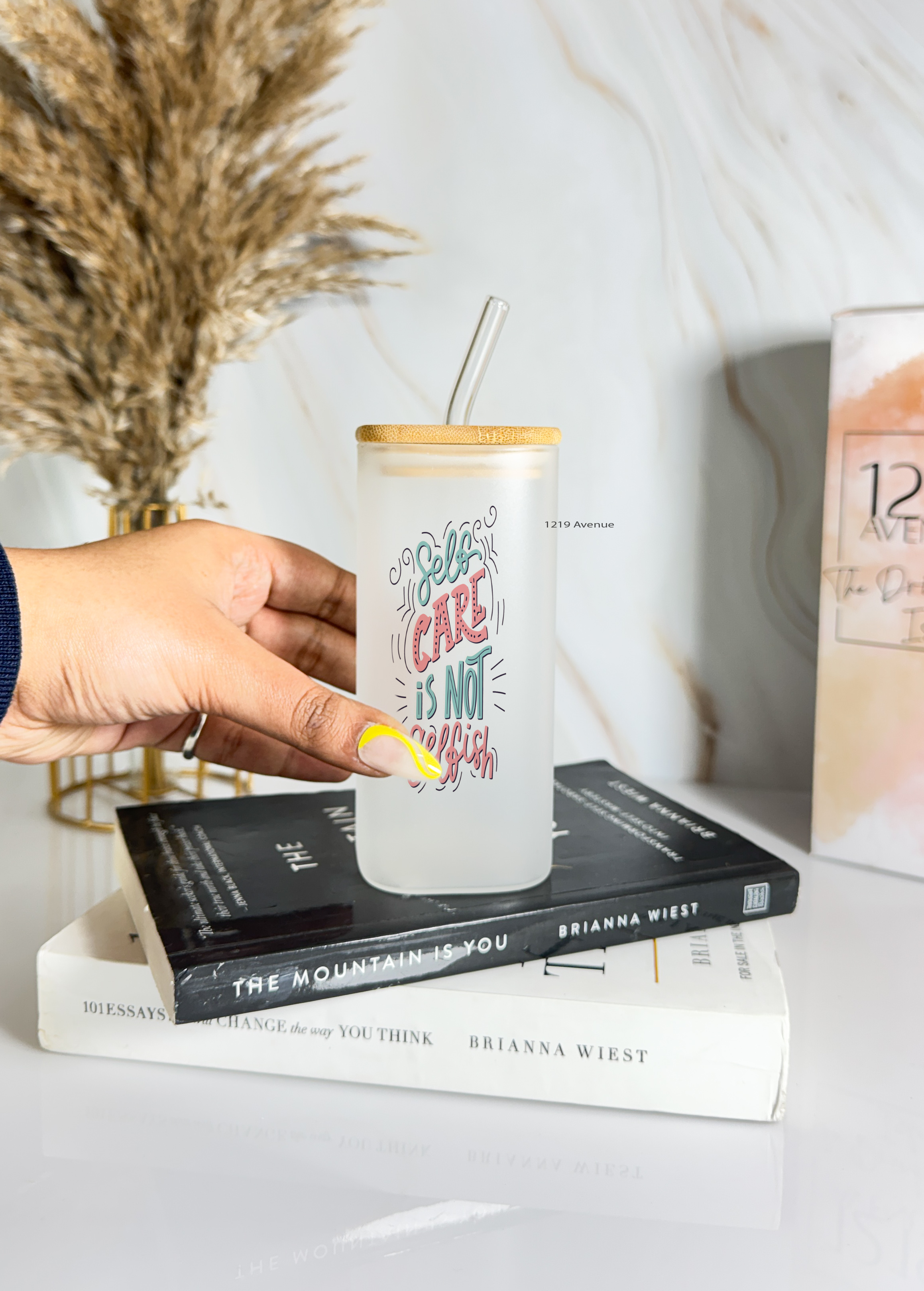 Squaro Sipper 450ml| Self Care Design| Permanent Prints| Coffee Glass Tumbler with straw and lid