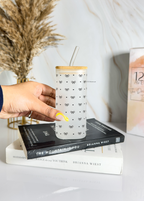 Squaro Sipper 450ml| Bows Design| Permanent Prints| Coffee Glass Tumbler with straw and lid