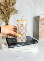 Squaro Sipper 450ml| Sage Daisy Dreamer Design| Permanent Prints| Coffee Glass Tumbler with straw and lid