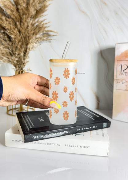 Squaro Sipper 450ml| Brown Flower Design| Permanent Prints| Coffee Glass Tumbler with straw and lid
