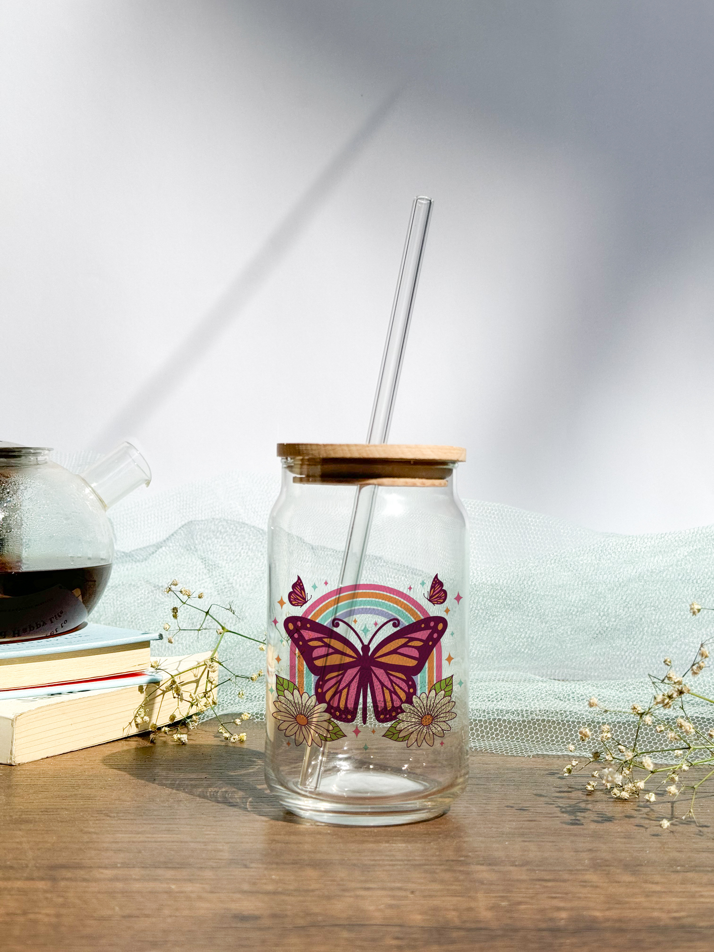 Can Shaped Sipper 500ml| Butterfly And Rainbow | Tumbler with lid, straw and coaster