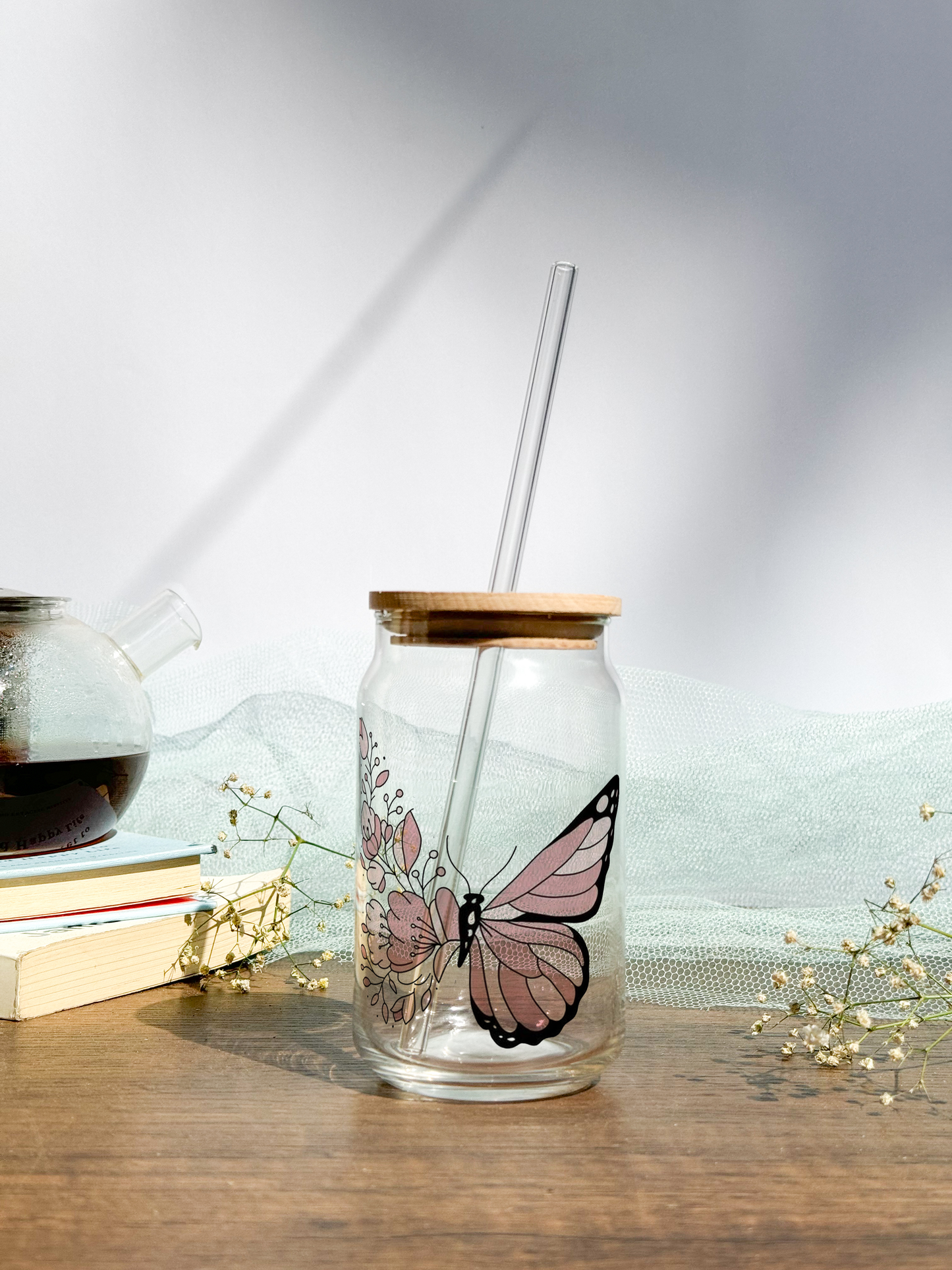 Can Shaped Sipper 500ml| Boho Butterfly | Tumbler with lid, straw and coaster