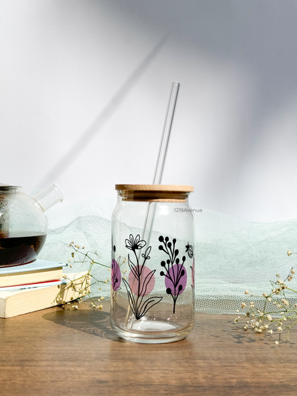 Can Shaped Sipper 500ml| Minimal Fleur Print | 18oz Can Tumbler with lid, straw and coaster.