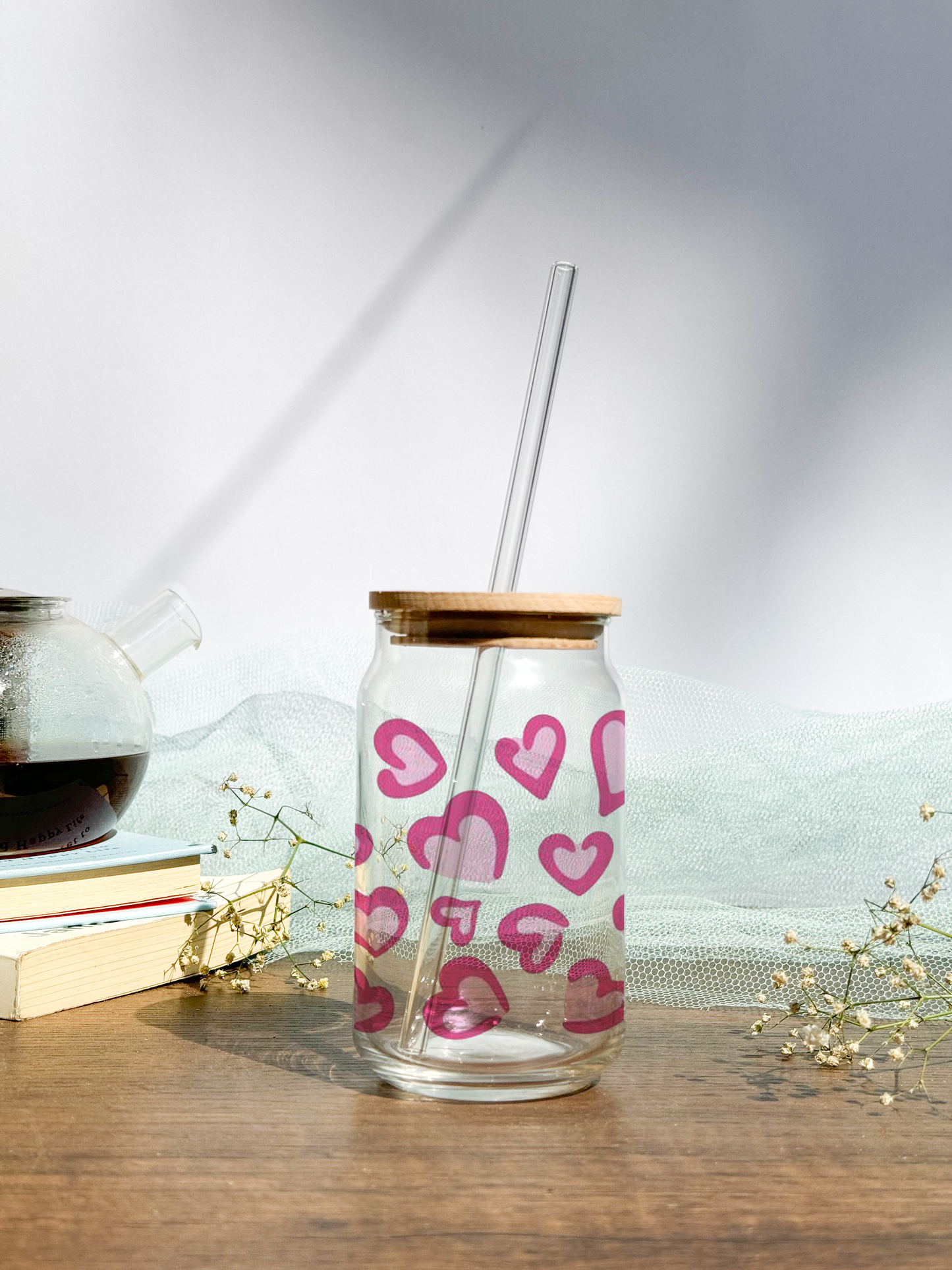 Can Shaped Sipper 500ml| Bouji Hearts All Over| Tumbler with lid, straw and coaster