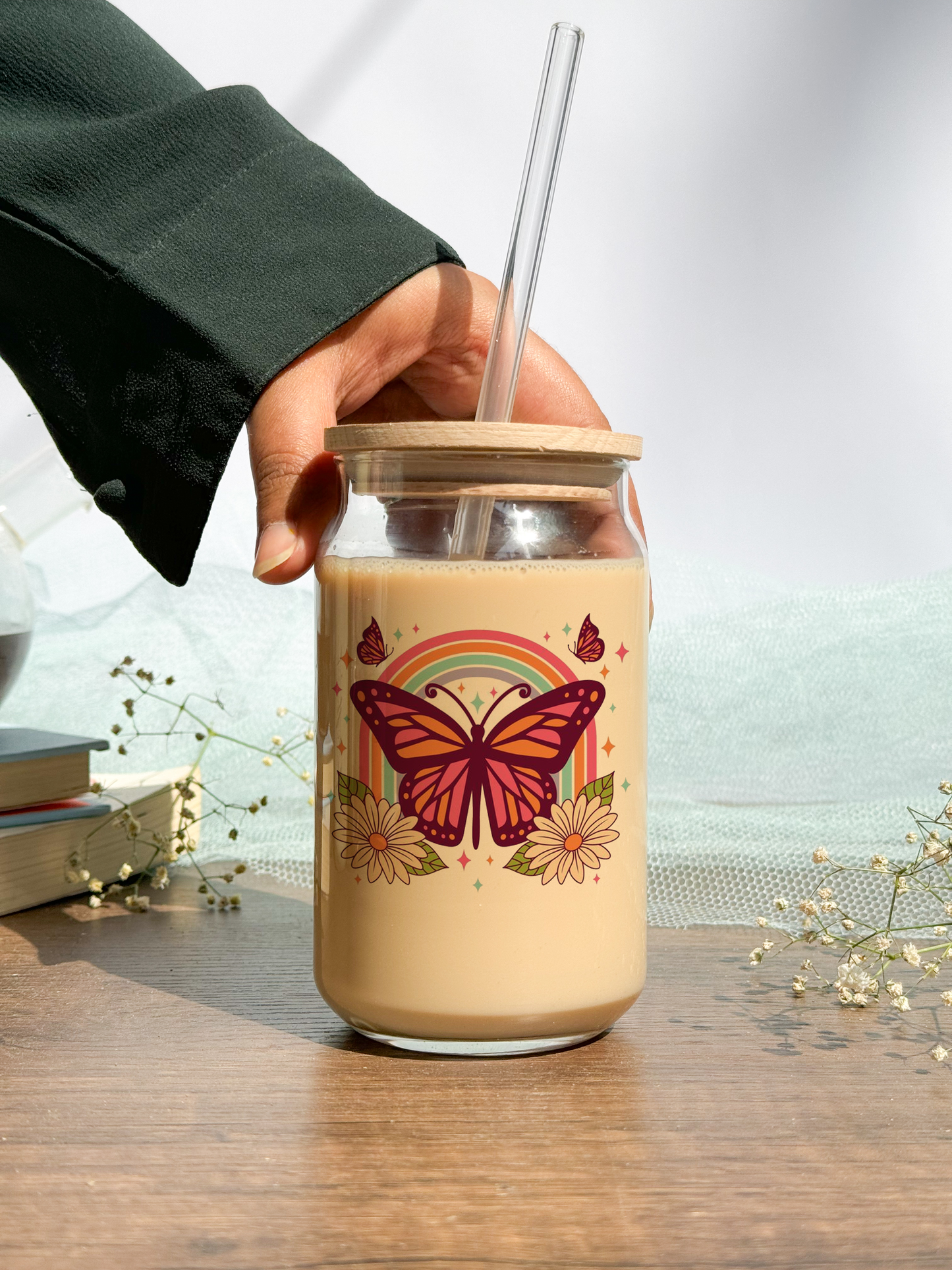 Can Shaped Sipper 500ml| Butterfly And Rainbow | Tumbler with lid, straw and coaster