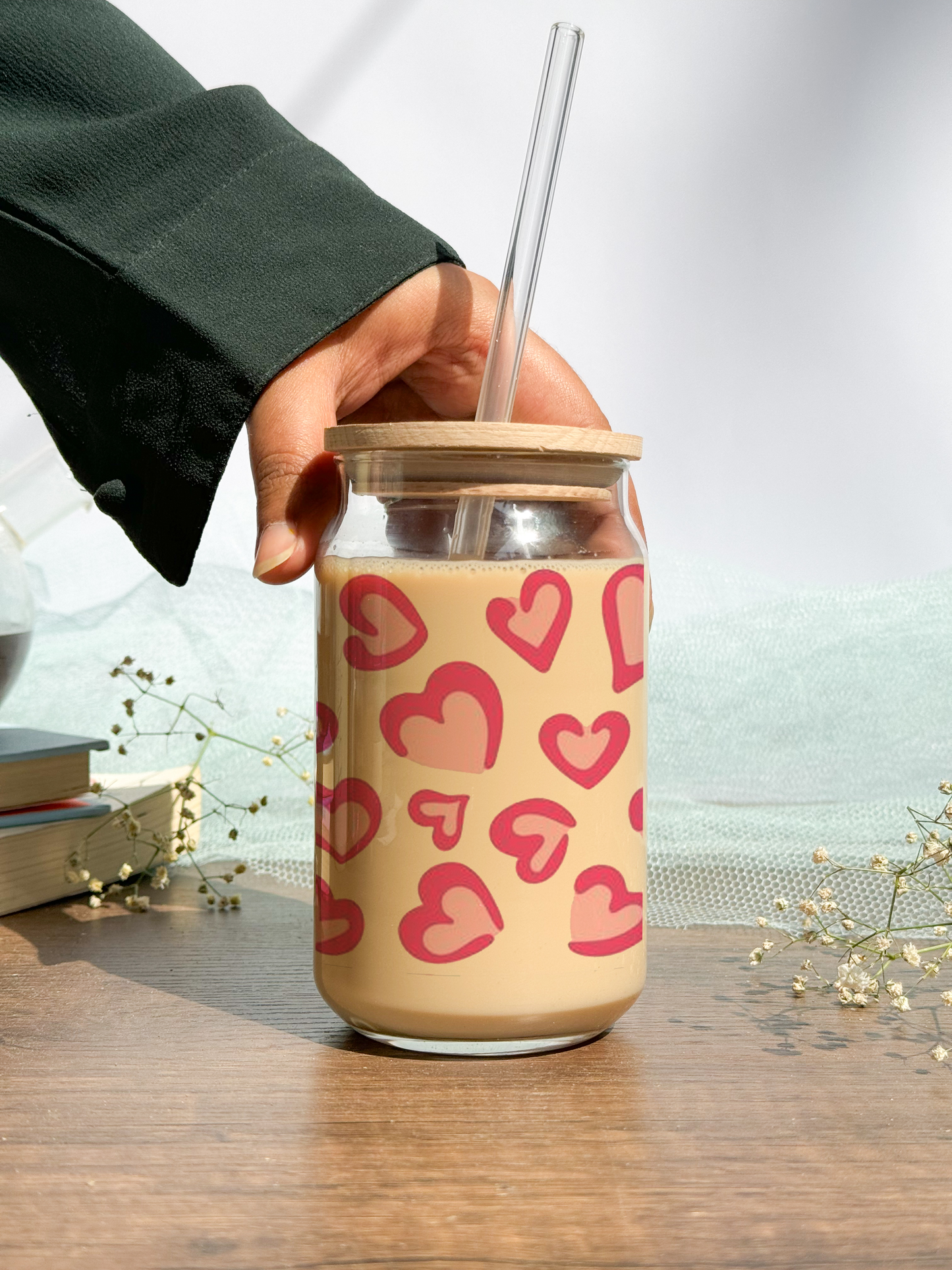 Can Shaped Sipper 500ml| Bouji Hearts All Over| Tumbler with lid, straw and coaster