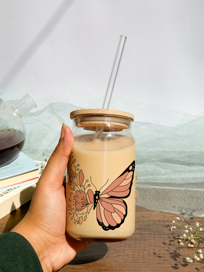 Can Shaped Sipper 500ml| Boho Butterfly | Tumbler with lid, straw and coaster