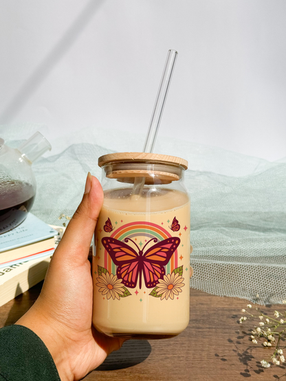 Can Shaped Sipper 500ml| Butterfly And Rainbow | Tumbler with lid, straw and coaster