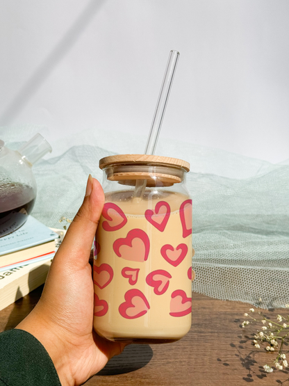 Can Shaped Sipper 500ml| Bouji Hearts All Over| Tumbler with lid, straw and coaster