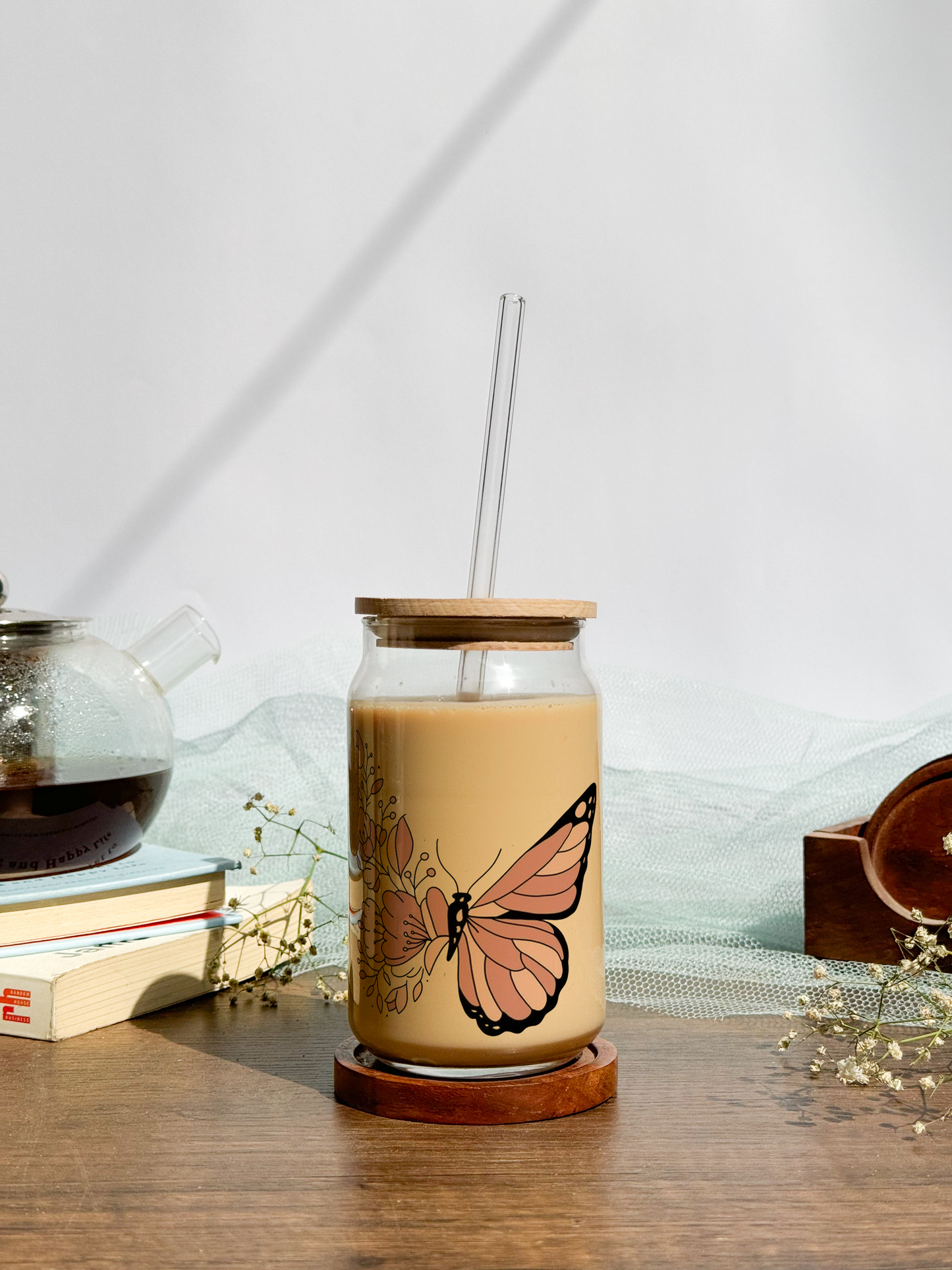 Can Shaped Sipper 500ml| Boho Butterfly | Tumbler with lid, straw and coaster