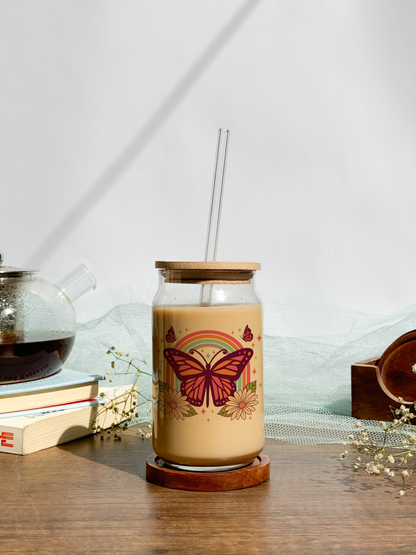 Can Shaped Sipper 500ml| Butterfly And Rainbow | Tumbler with lid, straw and coaster