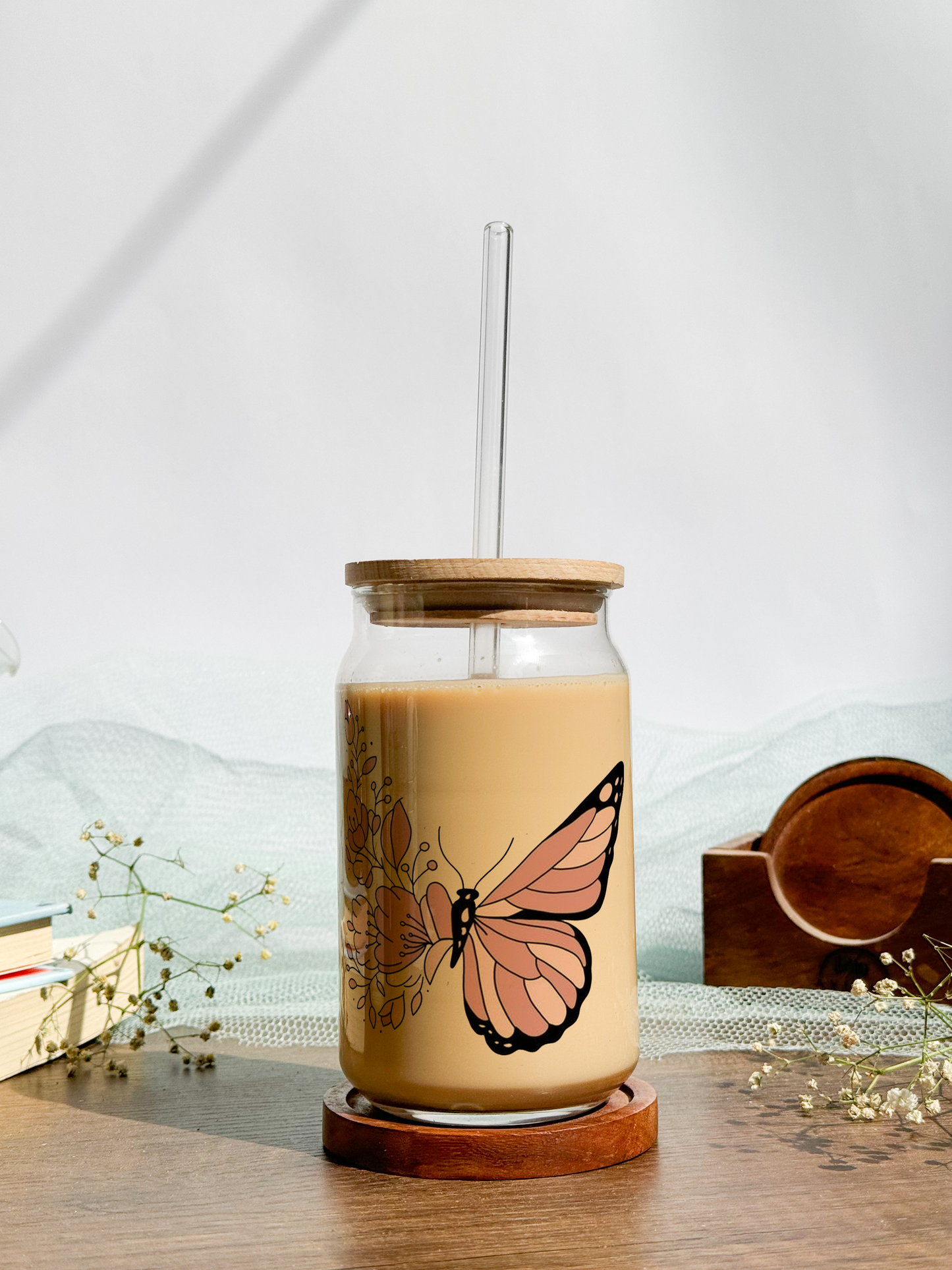 Can Shaped Sipper 500ml| Boho Butterfly | Tumbler with lid, straw and coaster