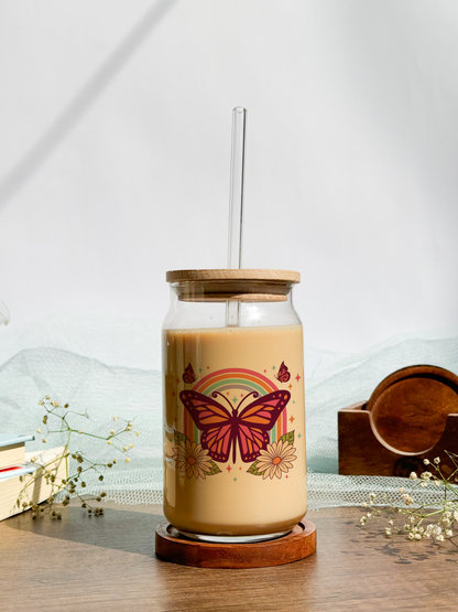 Can Shaped Sipper 500ml| Butterfly And Rainbow | Tumbler with lid, straw and coaster