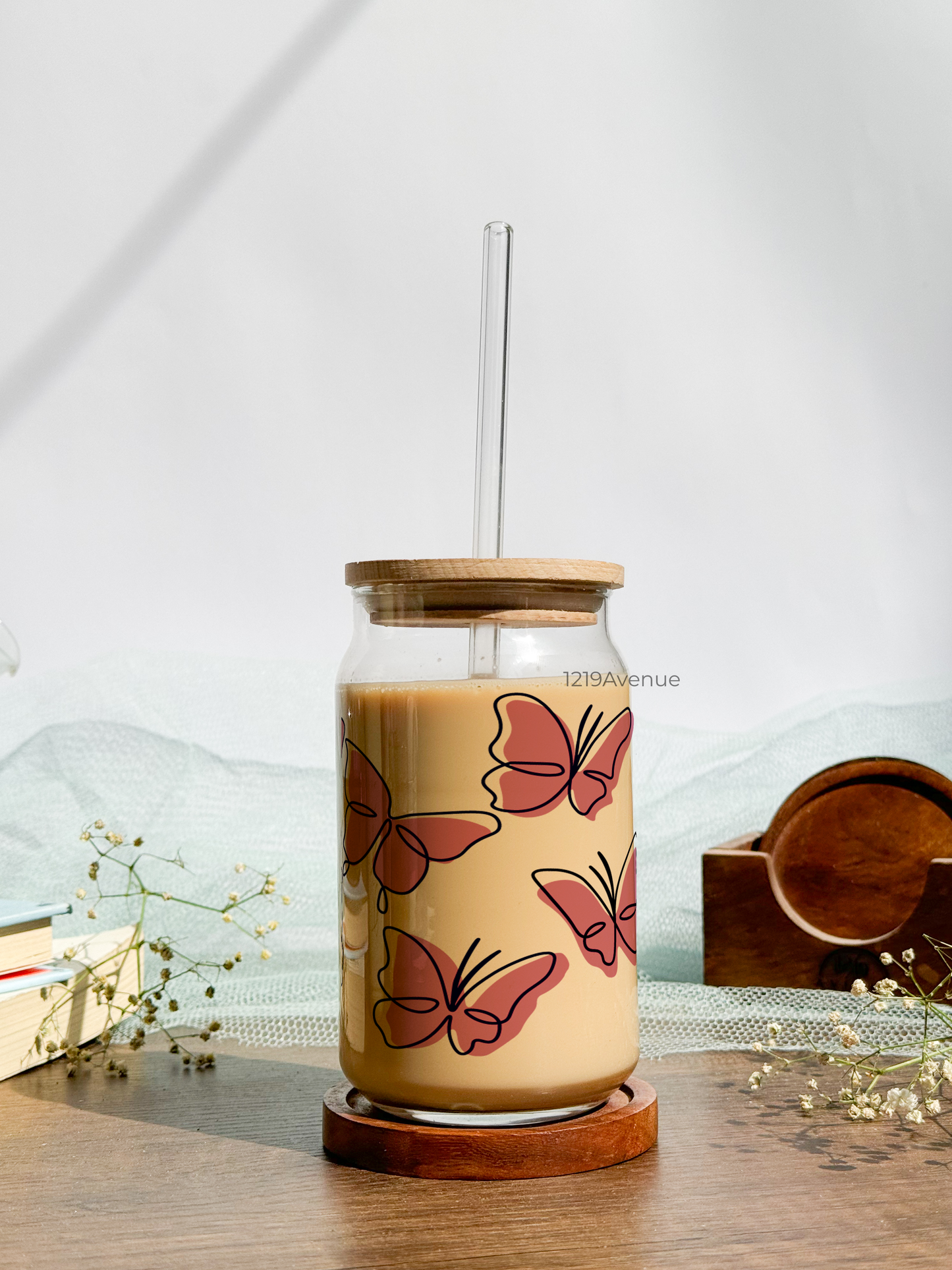 Can Shaped Sipper 500ml| Butterfly All Over Print | 18oz Can Tumbler with lid, straw and coaster.