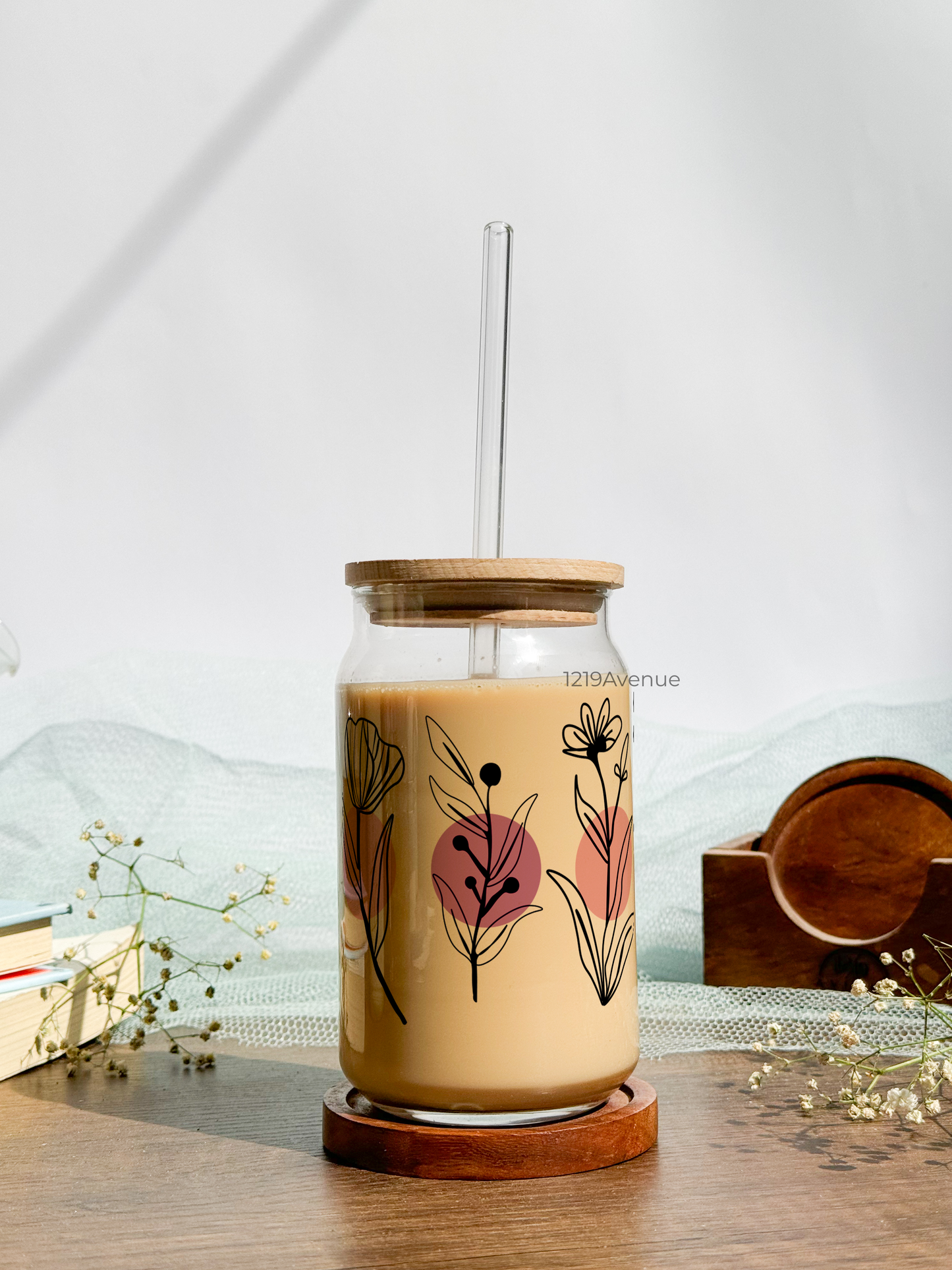 Can Shaped Sipper 500ml| Minimal Fleur Print | 18oz Can Tumbler with lid, straw and coaster.