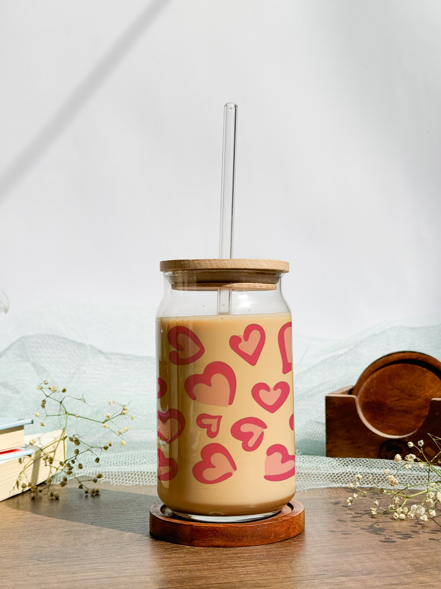 Can Shaped Sipper 500ml| Bouji Hearts All Over| Tumbler with lid, straw and coaster