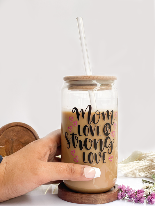 Can Shaped Sipper 500ml| Mom Love Is Strong Print | 18oz Can Tumbler with lid, straw and coaster.