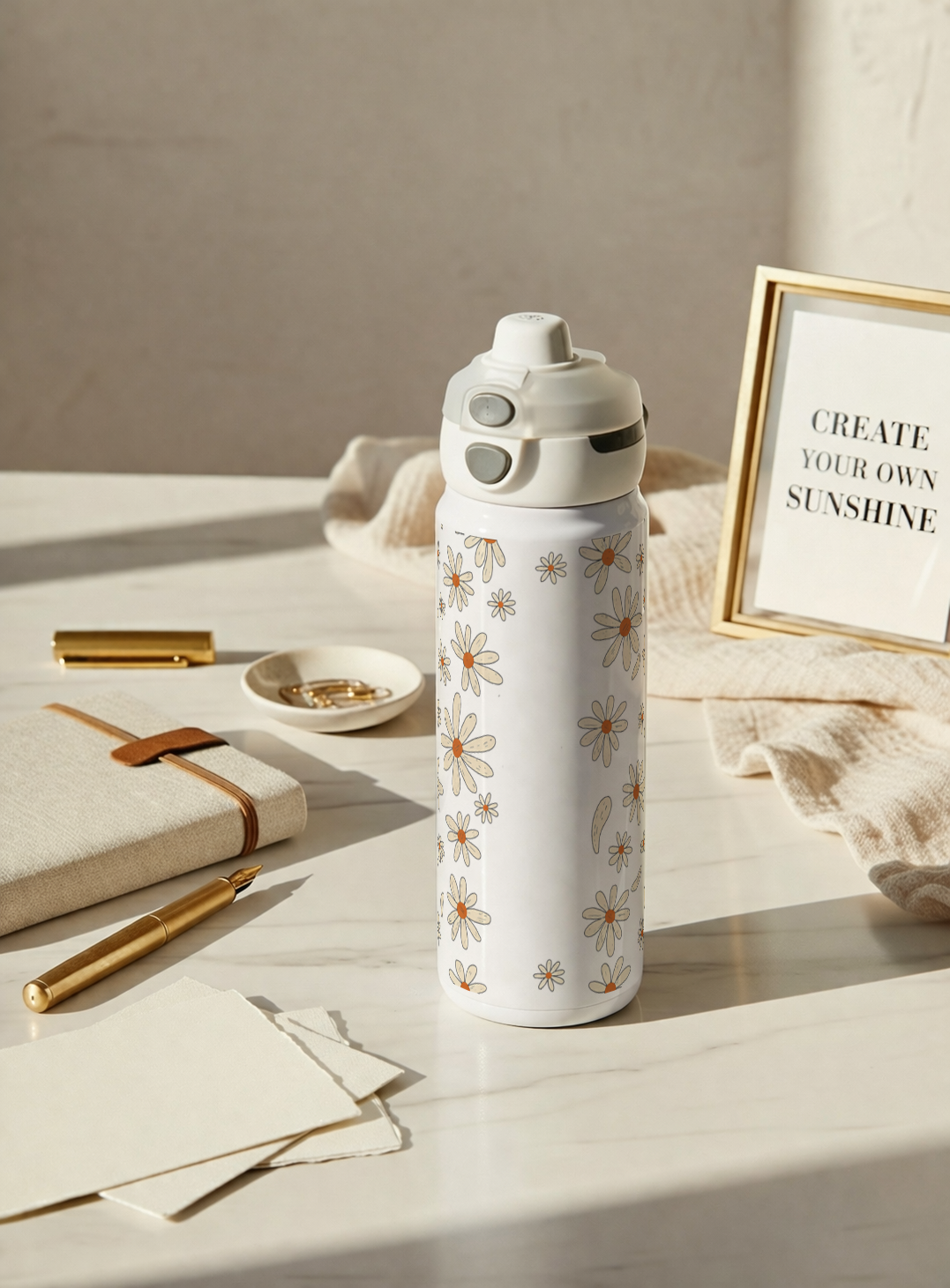 Personalised Lumi Insulated Premium Water Bottle 650ml – Azure Daisy Garden Print | 12+ Hours Hot & Cold | 2-Way Lid