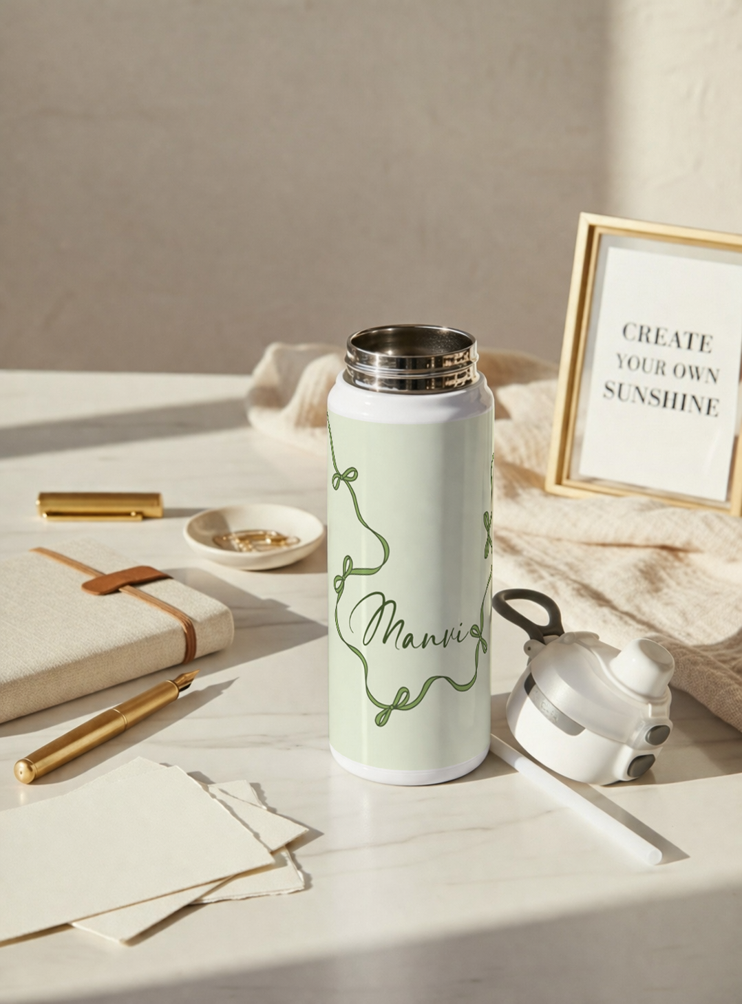 Personalised Lumi Insulated Premium Water Bottle 650ml – Emerald Ribbons Print | 12+ Hours Hot & Cold | 2-Way Lid