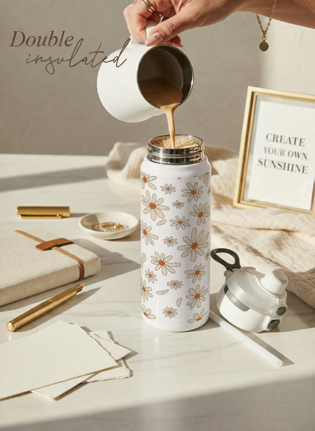 Personalised Lumi Insulated Premium Water Bottle 650ml – Azure Daisy Garden Print | 12+ Hours Hot & Cold | 2-Way Lid