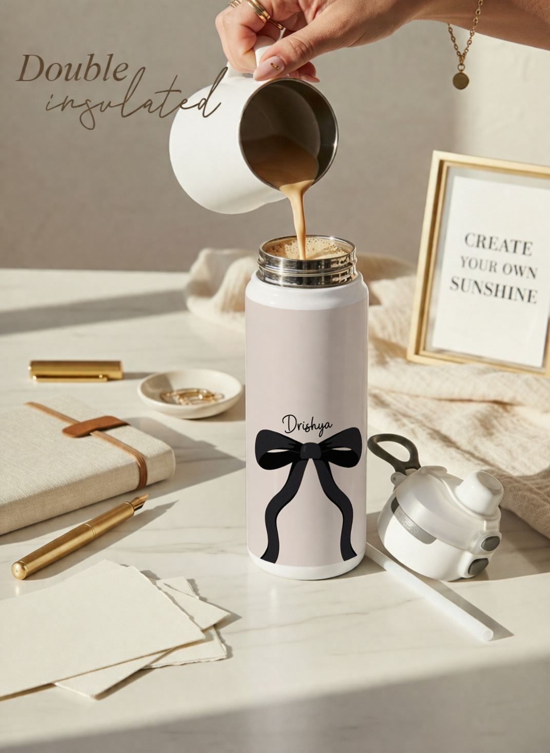 Personalised Lumi Insulated Premium Water Bottle 650ml – Noir Ribbon Print | 12+ Hours Hot & Cold | 2-Way Lid