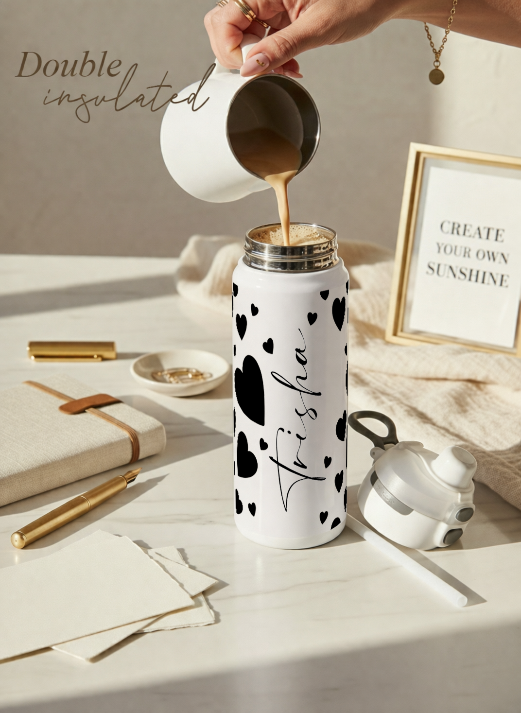 Personalised Lumi Insulated Premium Water Bottle 650ml – Noir Hearts Print | 12+ Hours Hot & Cold | 2-Way Lid