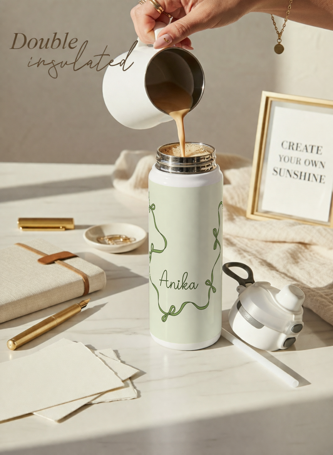 Personalised Lumi Insulated Premium Water Bottle 650ml – Emerald Ribbons Print | 12+ Hours Hot & Cold | 2-Way Lid