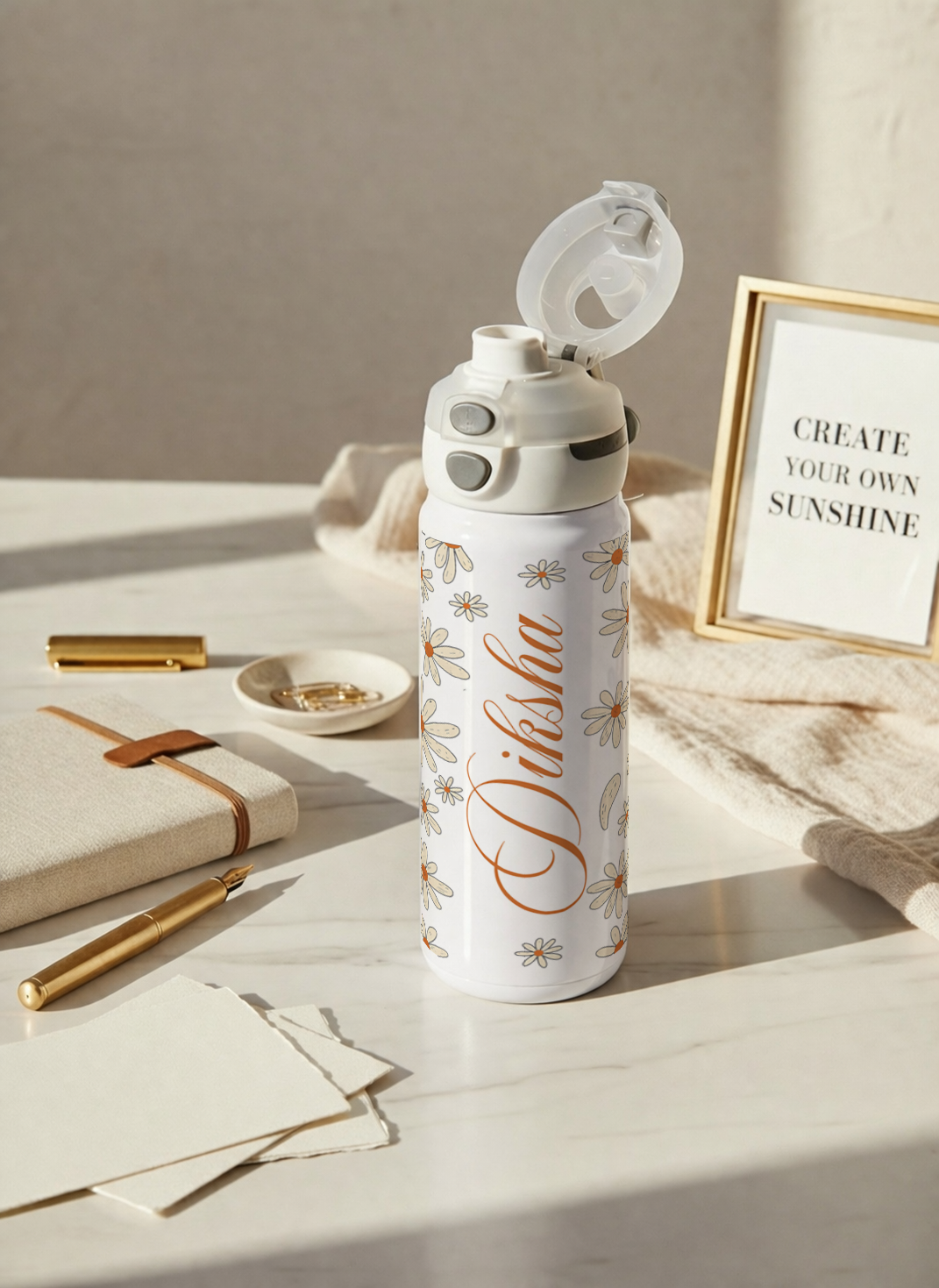 Personalised Lumi Insulated Premium Water Bottle 650ml – Azure Daisy Garden Print | 12+ Hours Hot & Cold | 2-Way Lid