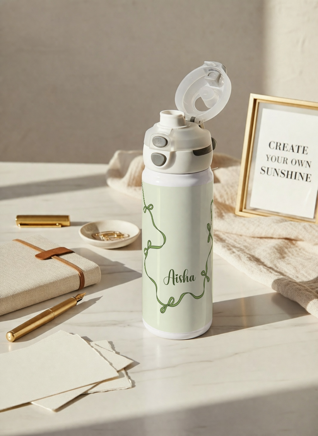 Personalised Lumi Insulated Premium Water Bottle 650ml – Emerald Ribbons Print | 12+ Hours Hot & Cold | 2-Way Lid