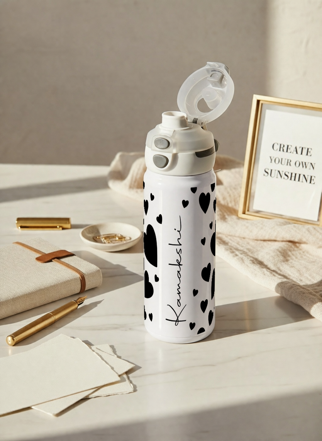 Personalised Lumi Insulated Premium Water Bottle 650ml – Noir Hearts Print | 12+ Hours Hot & Cold | 2-Way Lid