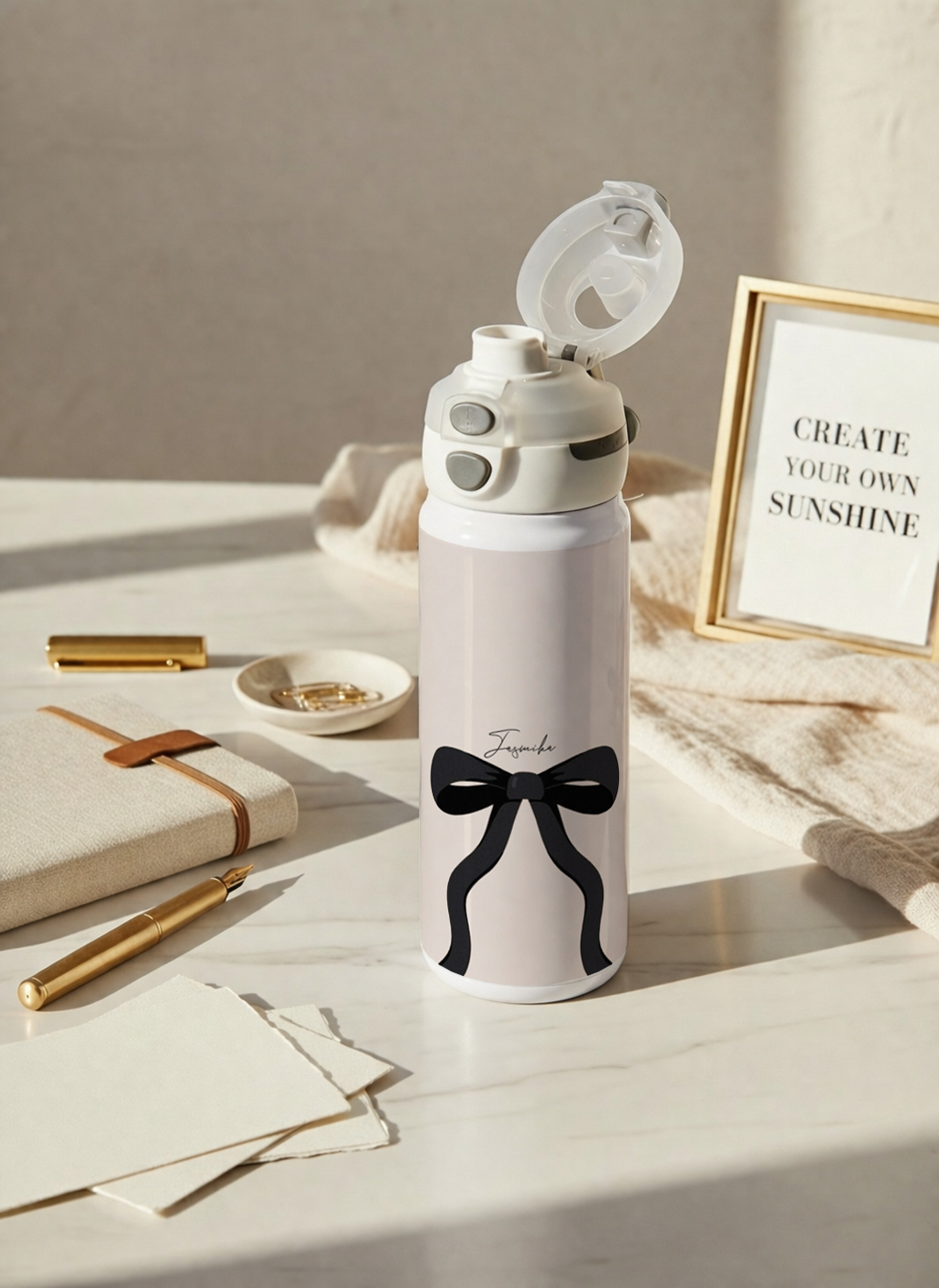 Personalised Lumi Insulated Premium Water Bottle 650ml – Noir Ribbon Print | 12+ Hours Hot & Cold | 2-Way Lid