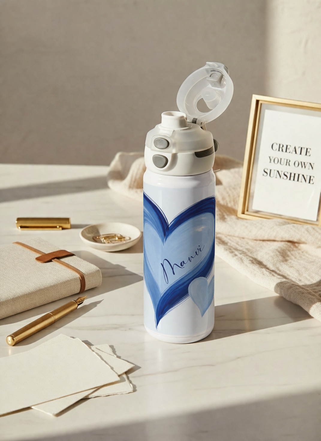 Personalised Lumi Insulated Premium Water Bottle 650ml – Indigo Hearts Print | 12+ Hours Hot & Cold | 2-Way Lid