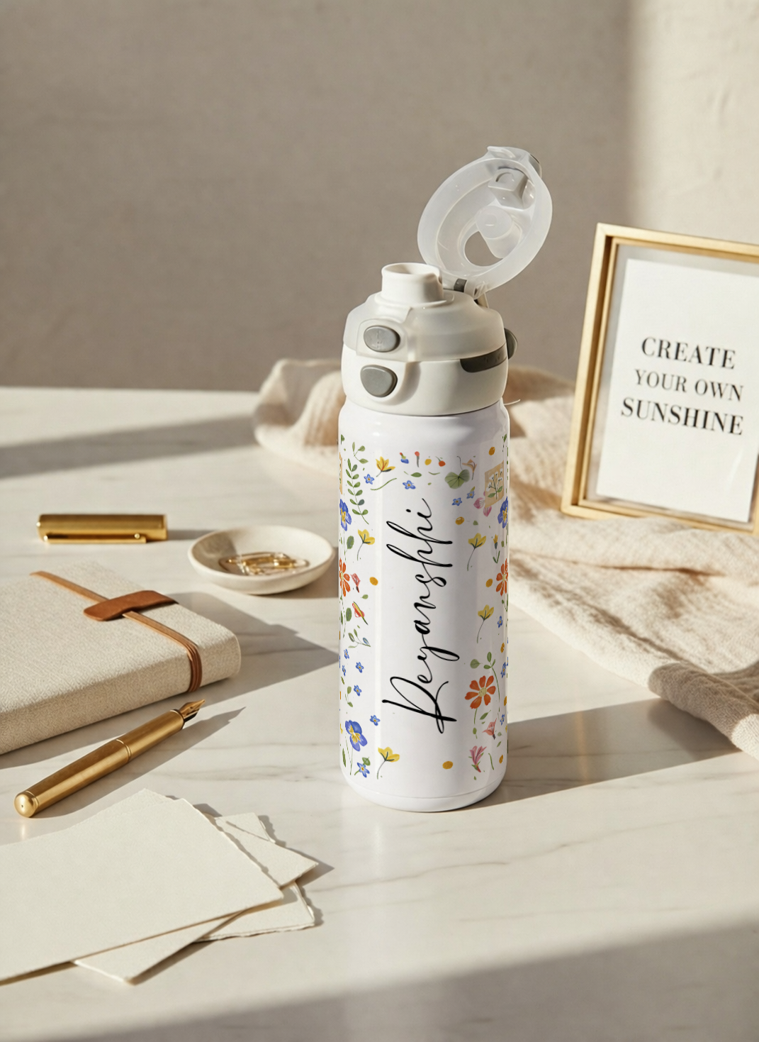 Personalised Lumi Insulated Premium Water Bottle 650ml – Enchanted Petals Print | 12+ Hours Hot & Cold | 2-Way Lid
