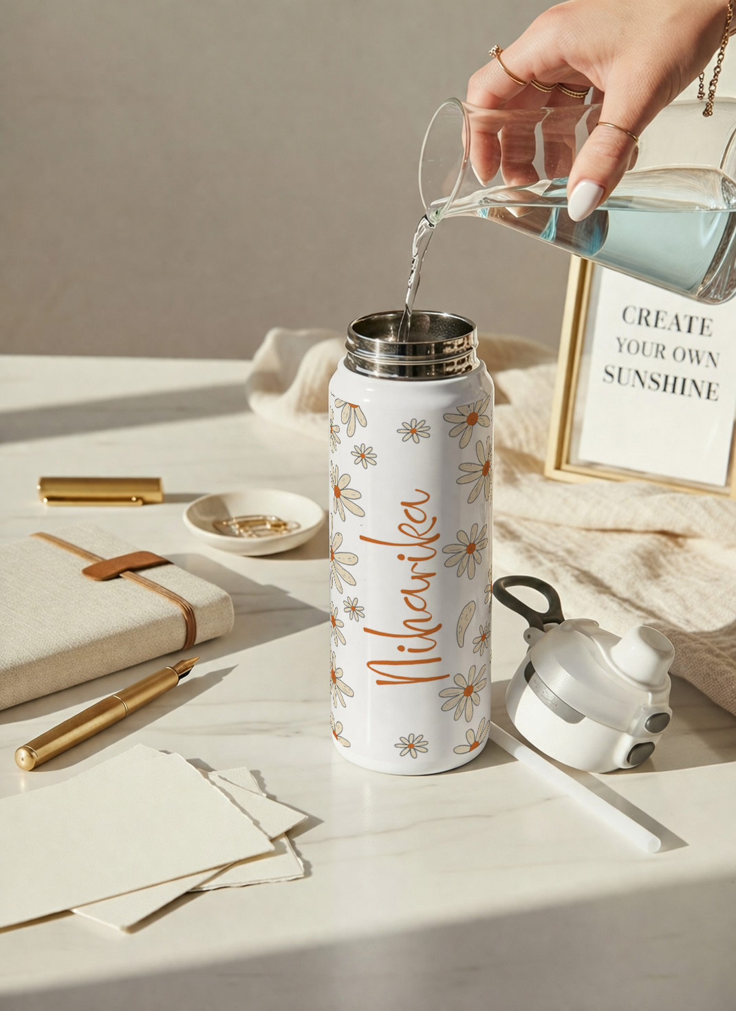 Personalised Lumi Insulated Premium Water Bottle 650ml – Azure Daisy Garden Print | 12+ Hours Hot & Cold | 2-Way Lid