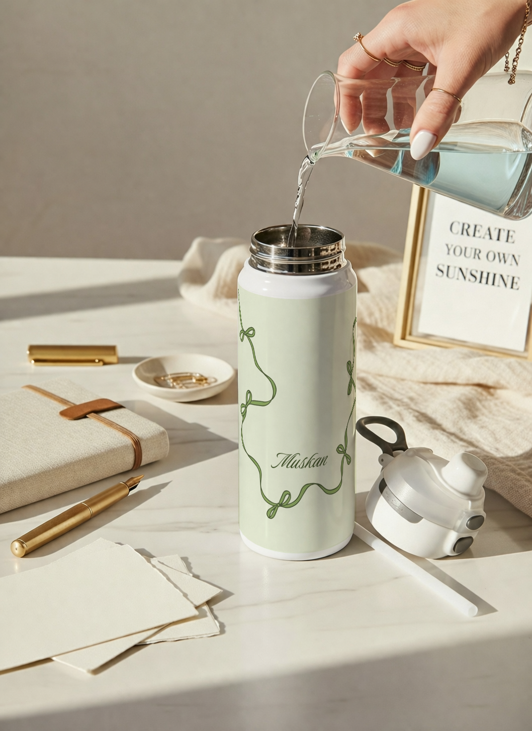 Personalised Lumi Insulated Premium Water Bottle 650ml – Emerald Ribbons Print | 12+ Hours Hot & Cold | 2-Way Lid