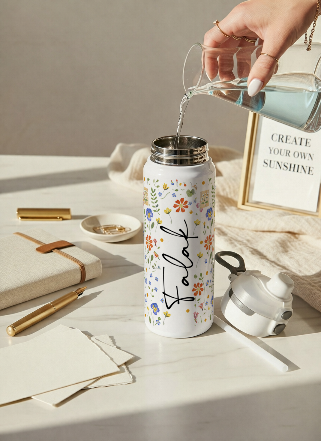 Personalised Lumi Insulated Premium Water Bottle 650ml – Enchanted Petals Print | 12+ Hours Hot & Cold | 2-Way Lid