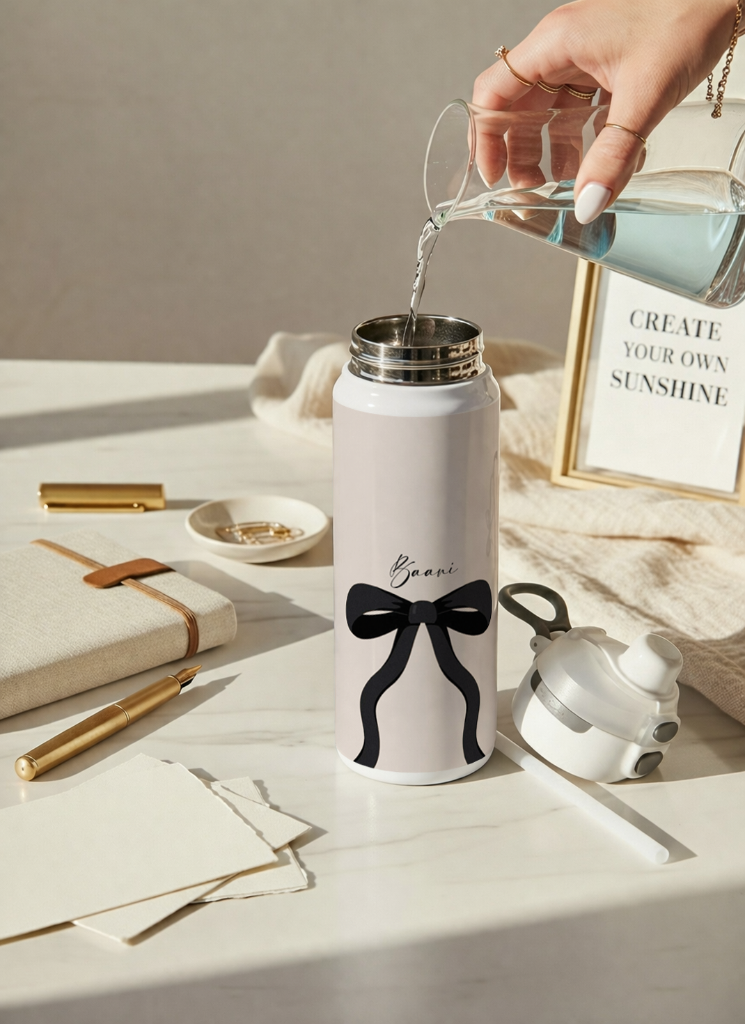 Personalised Lumi Insulated Premium Water Bottle 650ml – Noir Ribbon Print | 12+ Hours Hot & Cold | 2-Way Lid