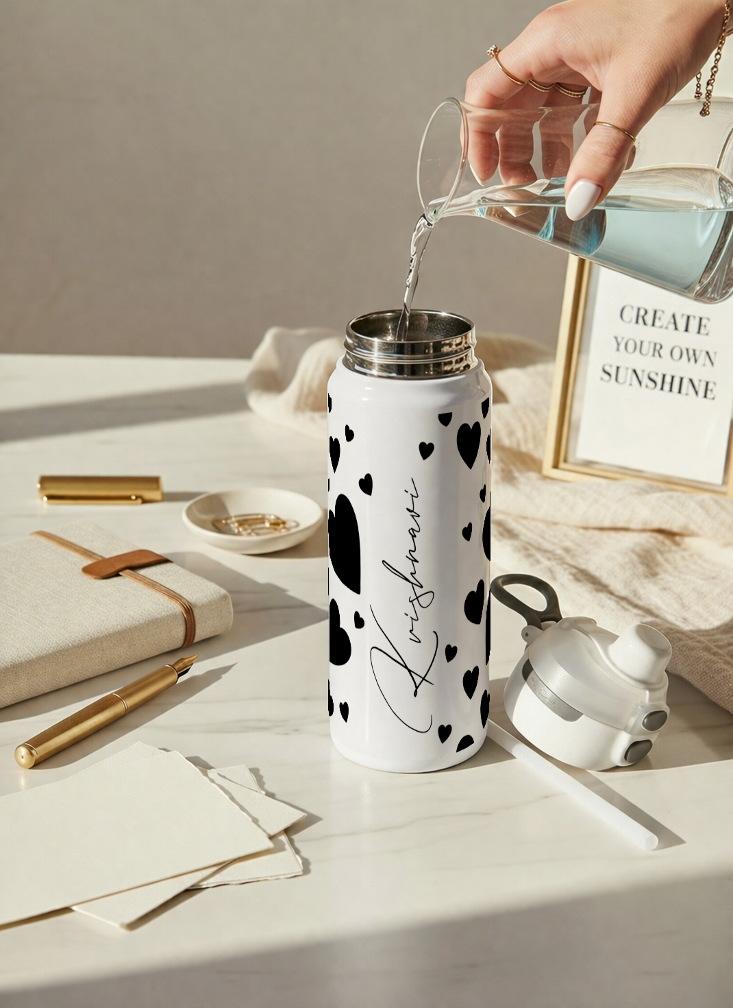 Personalised Lumi Insulated Premium Water Bottle 650ml – Noir Hearts Print | 12+ Hours Hot & Cold | 2-Way Lid