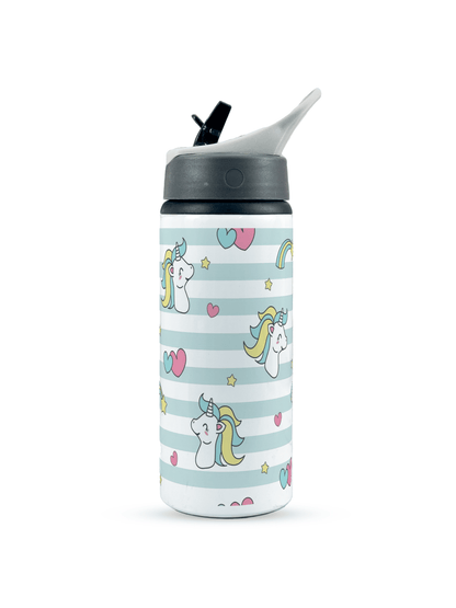 600ml Printed Fun-Sip Water Bottle | Stripes Unicorn Print | For Kids, School, Sports | Sipper Bottle with Carry Handle, Durable & Stylish