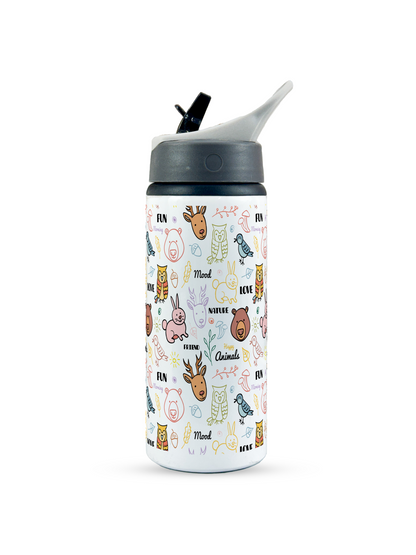 600ml Printed Fun-Sip Water Bottle | Jungle World Print | For Kids, School, Sports | Sipper Bottle with Carry Handle, Durable & Stylish