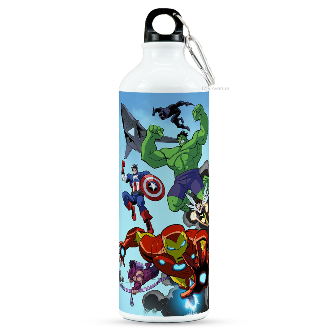 750ml Printed Hooked-Up Water Bottle | Assemble Avengers Print | For Kids, School, Sports | Sipper Bottle with Carry Hook, Durable & Stylish